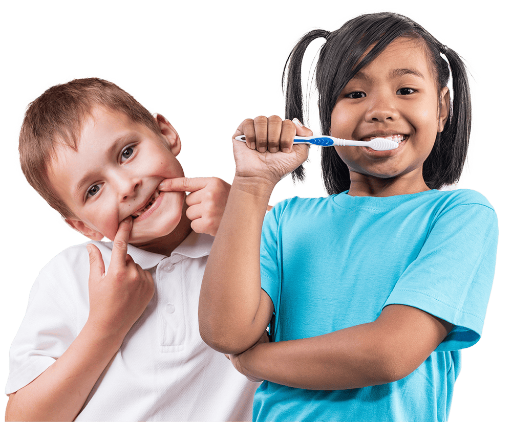 A boy showing his teeth and a girl brushing her teeth