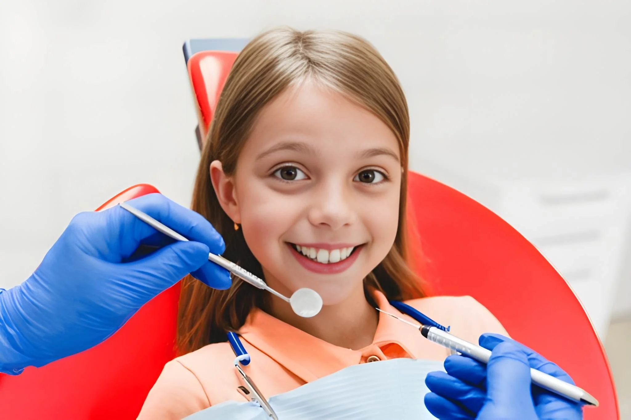Pediatric oral surgery Frisco TX: happy girl smiling in gentle tooth exam with mirror and tool at Dental Smart Kids